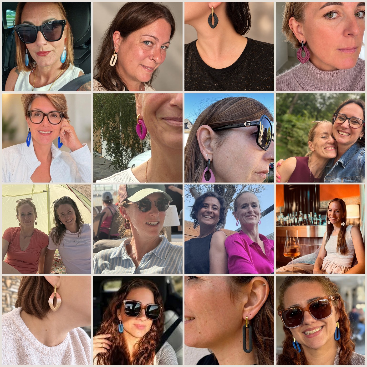 A collage of friends and people wearing Monopops earrings