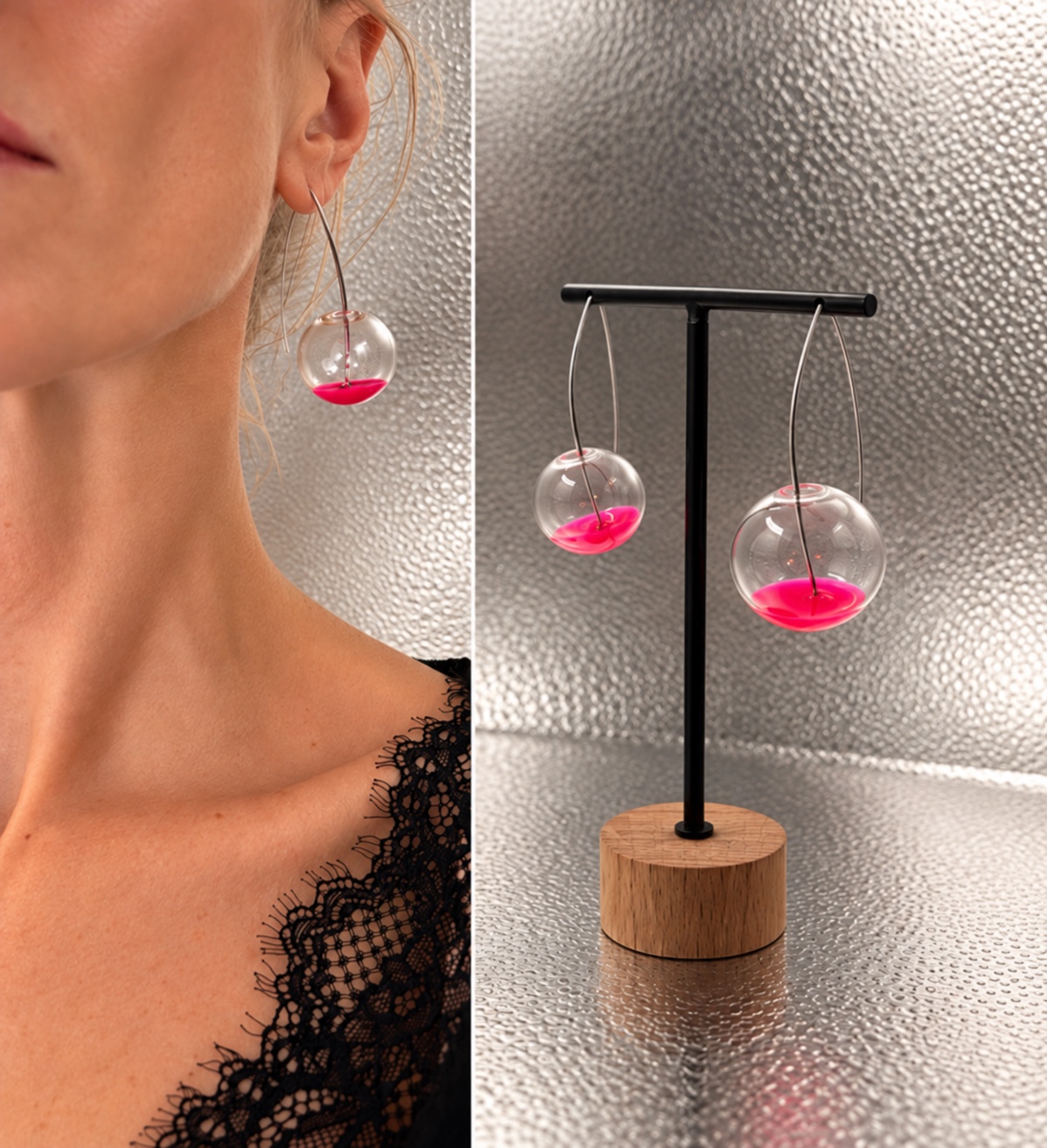 Clear glass ball earrings with vivid pink colour inside, shown worn and on a stand