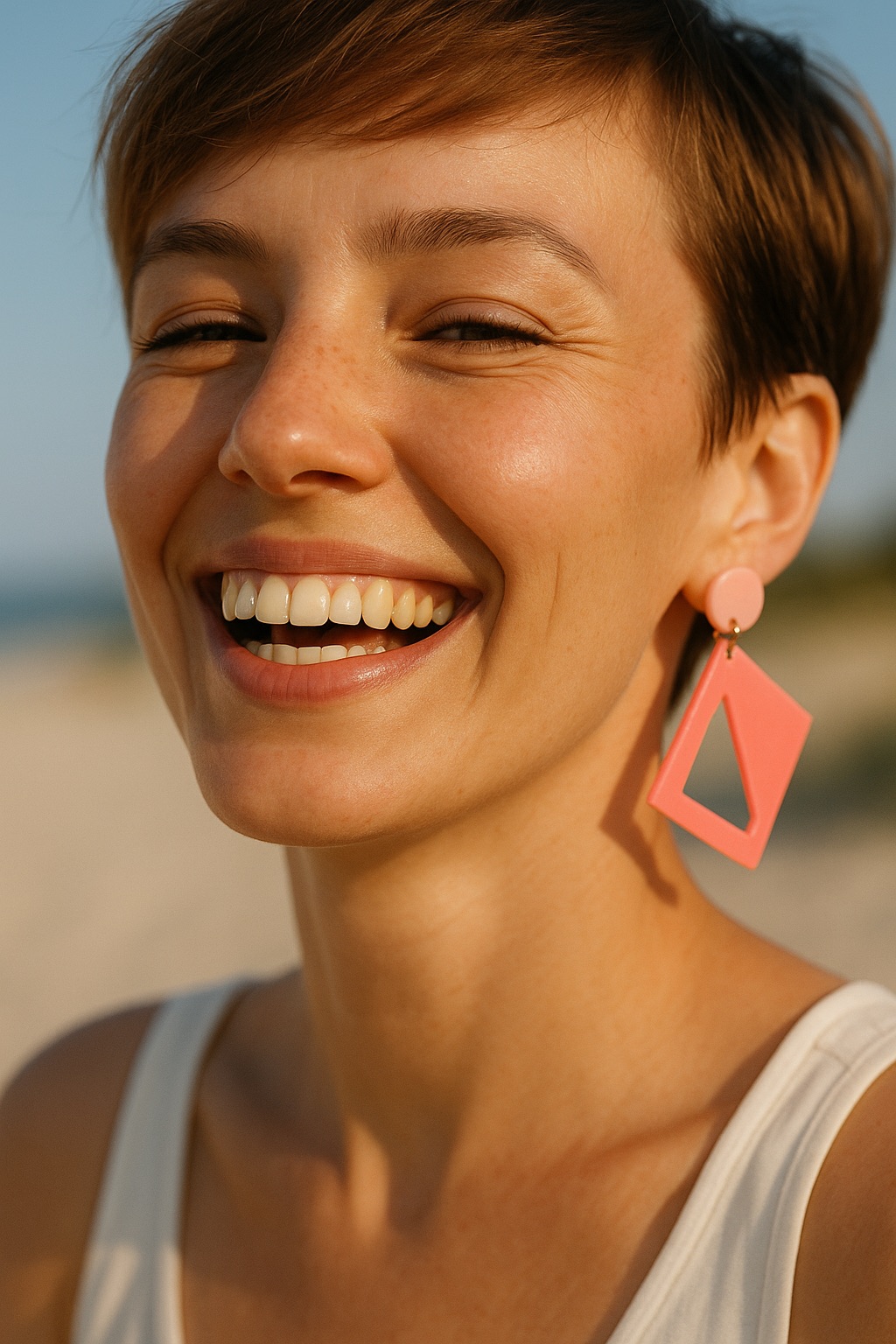 Woman wearing a coral geometric earring