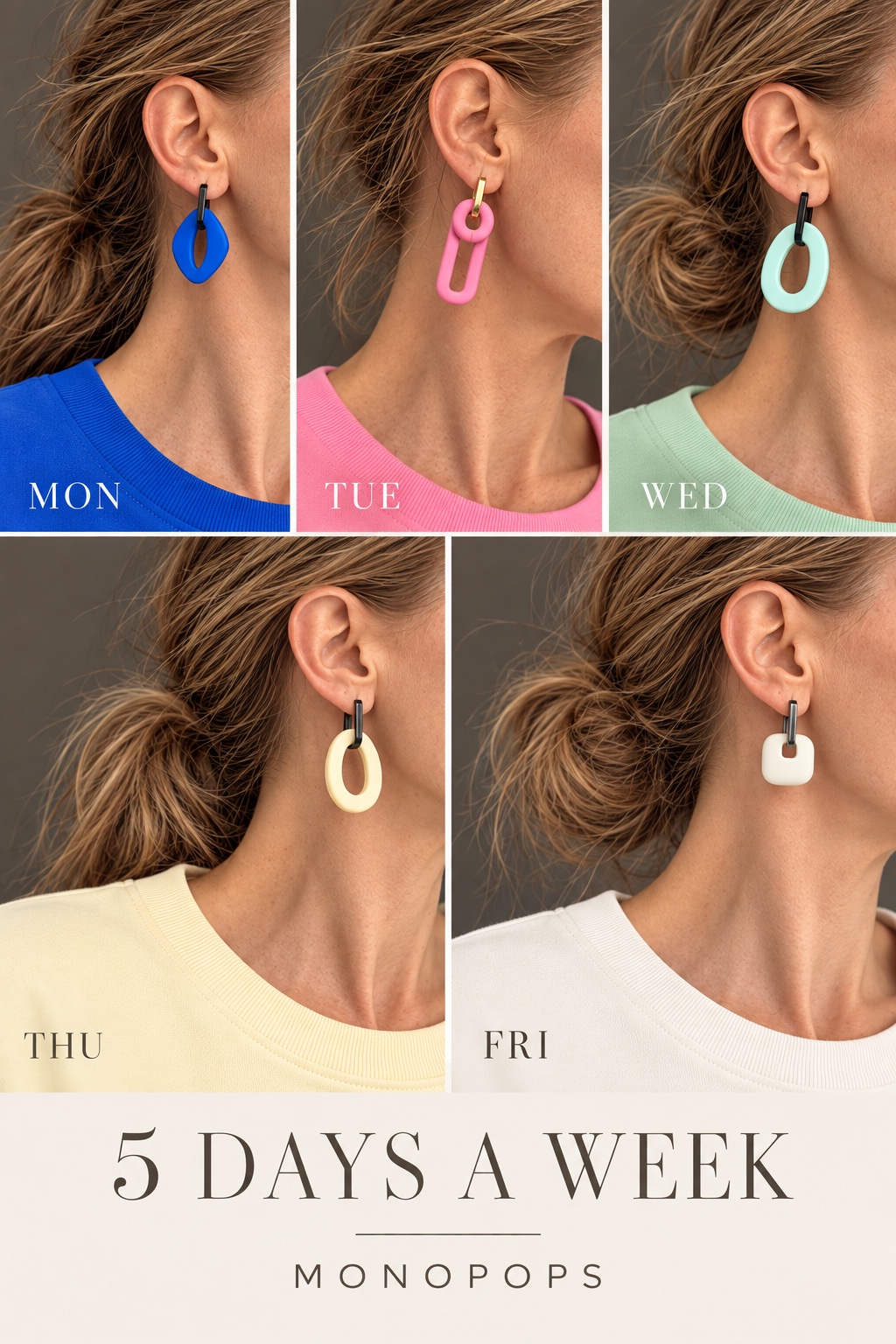 Five Days a Week: blue, pink, mint, cream and white charms worn with matching tops