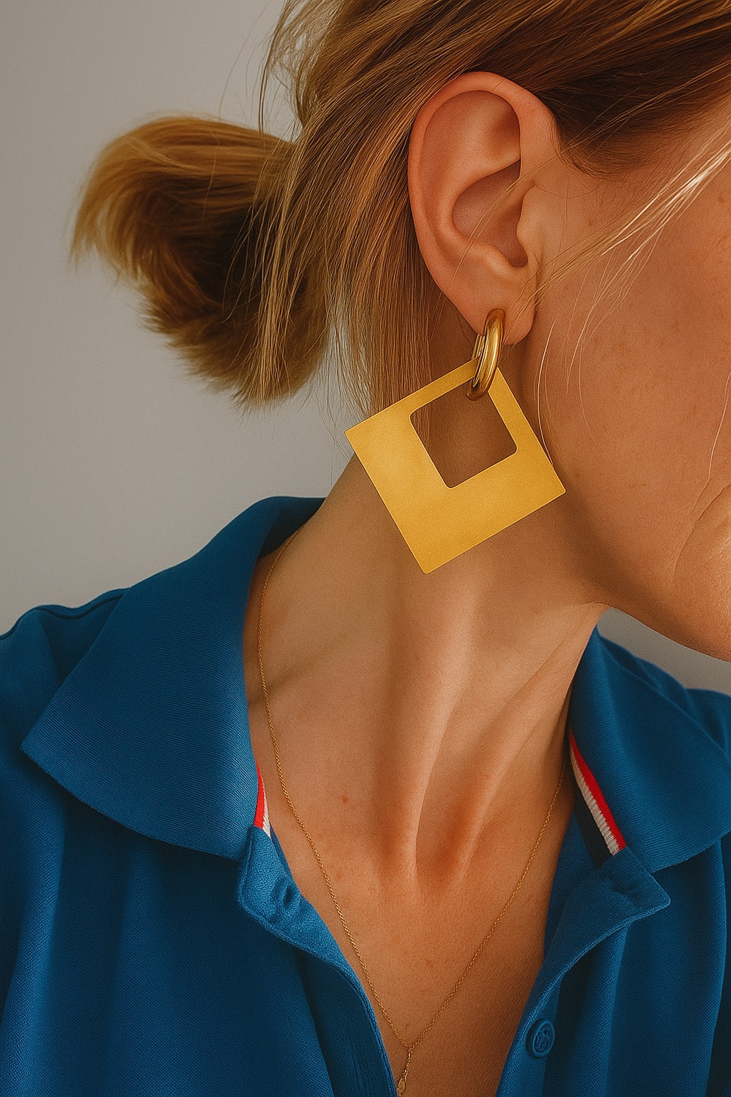 Gold square earring worn with a blue shirt