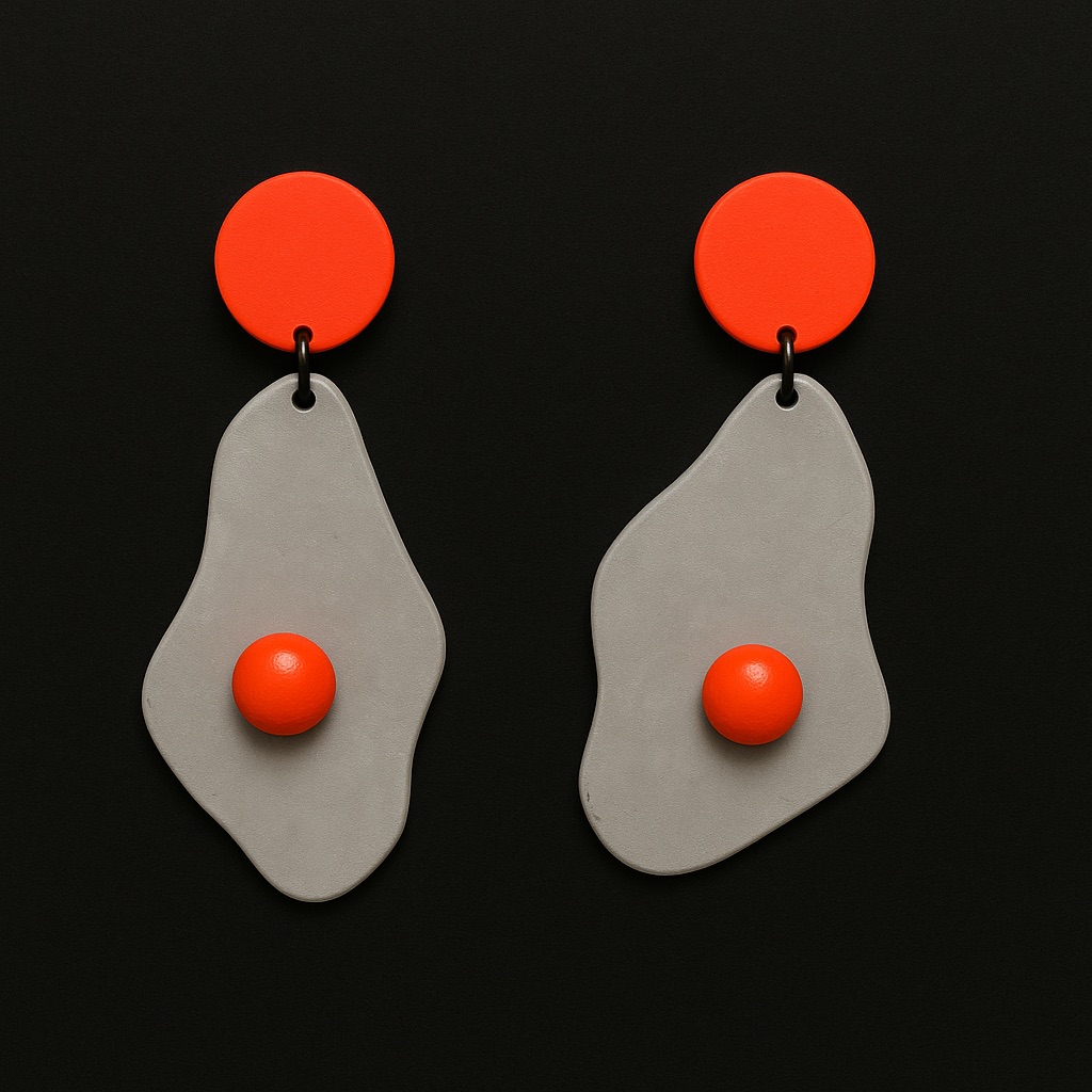 Pair of orange and grey sculptural earrings against a dark background