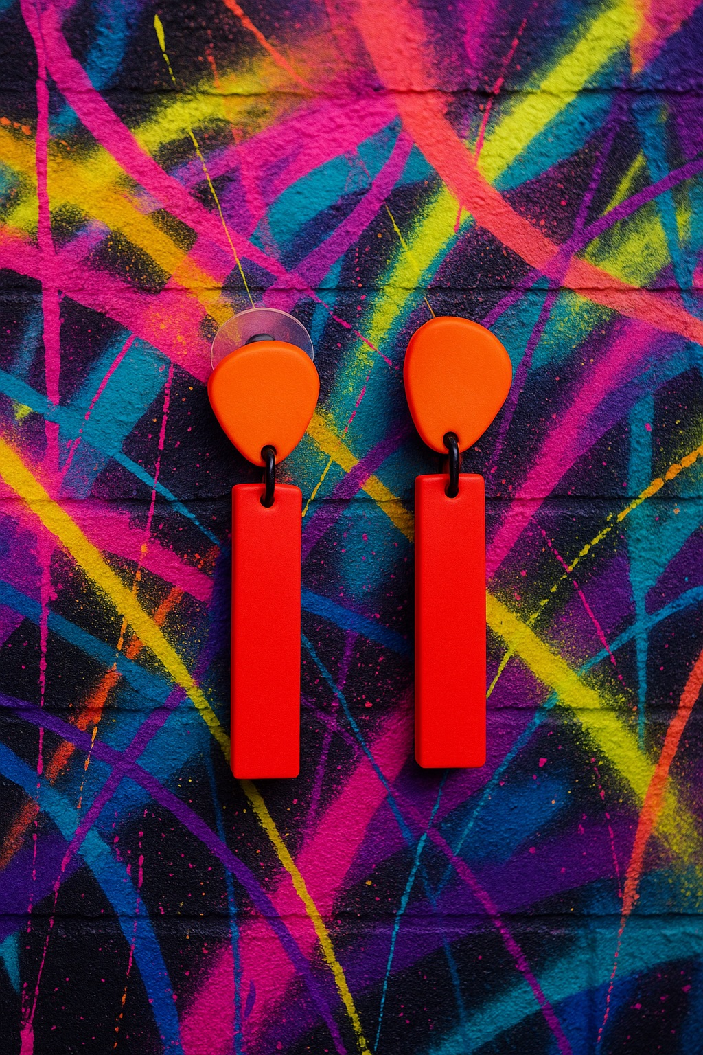 Pair of vivid orange and red long earrings against a colourful wall