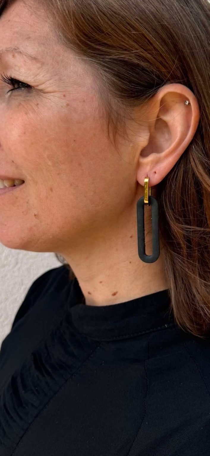 Black earring in side profile